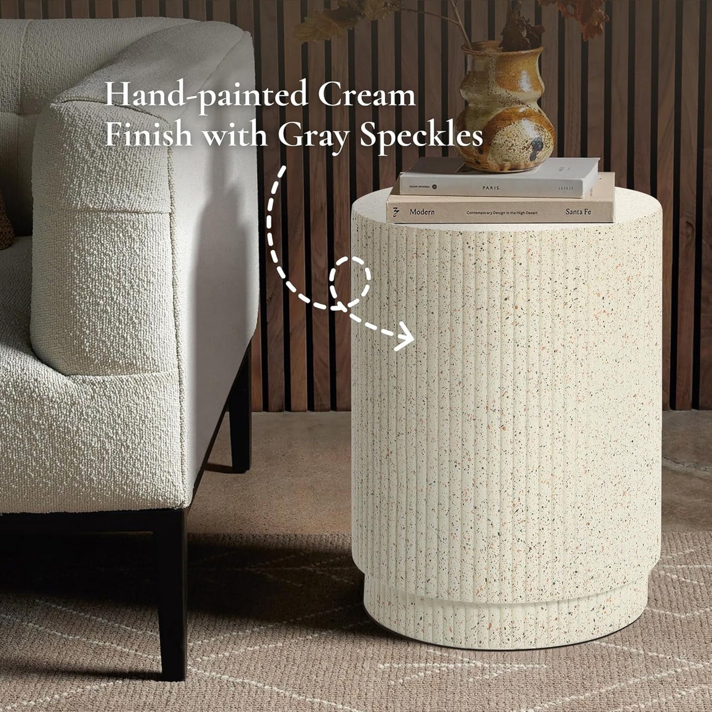 LuxenHome Cream Cement Round Outdoor Side Table, End Tables for Patio, Garden Small Accent Decorative Stool, Stand Drum Table Indoor and Outdoor