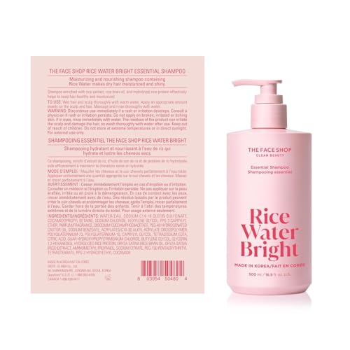 THE FACE SHOP Rice Water Bright Essential Shampoo, Rice Protein Hair Care for Strengthening Dry & Damaged Hair, Korean Shampoo, Hair Growth, Anti-Frizz, Anti-Hair Loss, Breakage Control, Sulfate Free