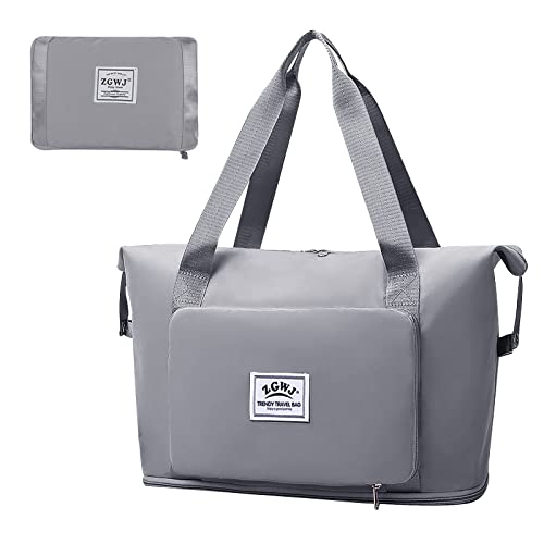 ZGWJ Travel Duffel Tote Bag,Waterproof Shoulder Weekender Bag For Women and Men Swim Sports Travel Gym Bag,Foldable and expandable bag Lightweight and easy Carry on Grey