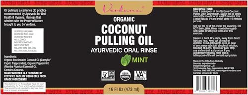 Verdana Organic Oil Pulling for Teeth & Gums – 16 oz Mint – USDA Organic Coconut Oil Pulling Rinse – Alcohol-Free, Fluoride-Free – Natural Mouthwash for Fresh Breath, Gum Health & Oral Detox