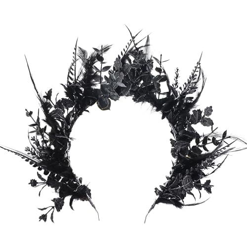 MOSTORY Flower Halo Crown Headband - Handmade Fairy Goddess Hairband Floral Queen Crown for Women Party Festival Renaissance Renfaire Cosplay Photo Shoot Gold