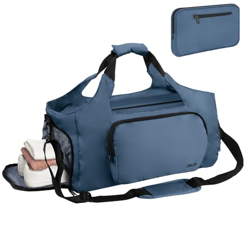 Gym Bags for Men Women, Sports Duffle Bag, Travel Gym Bag with Shoes Compartment and Wet Pocket, Foldable, Lightweight for Travel, Gym, Yoga (PK Blue)