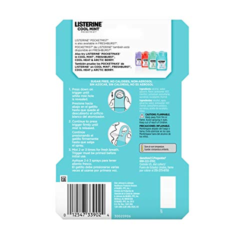 Listerine Cool Mint Pocketmist, Oral Care Mist for Fresh Breath, Non-Aerosol Sugar-Free Bad Breath Refresher Spray to Kill 99% of Bad Breath Germs, Portable, Cool Mint Flavor, 7.7 mL, 12 Sprays