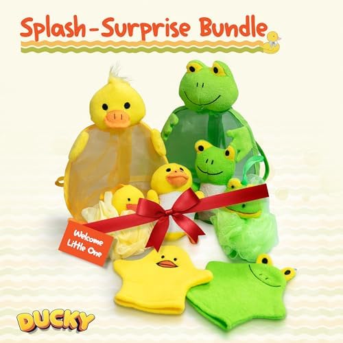 Ducky Scrub 'N Soak Baby Loofah for Bathing Set for Kids Body Scrubber Cute Cartoon Kids Loofah Bath Scrubber for Children Shower Washing Exfoliating, Baby Bath Sponge Yellow Duck Included