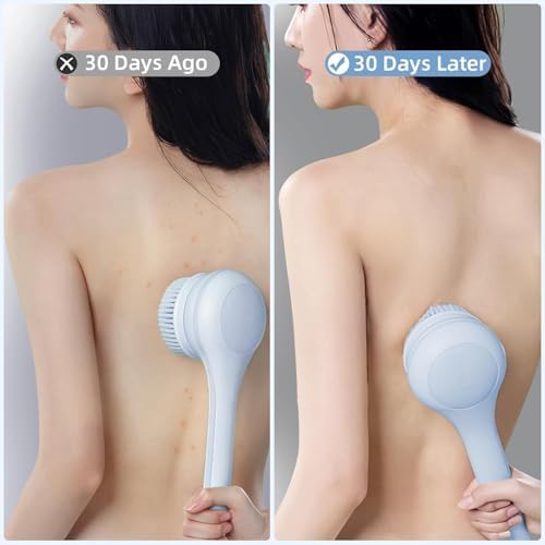 Electric Body Brush Back Scrubber for Shower, Waterproof Long Dual Handle Power Body Scrubber with 3 Heads, Rechargeable Bath Brush & 2 Speeds, for Cleansing, Exfoliating and Massaging Skin