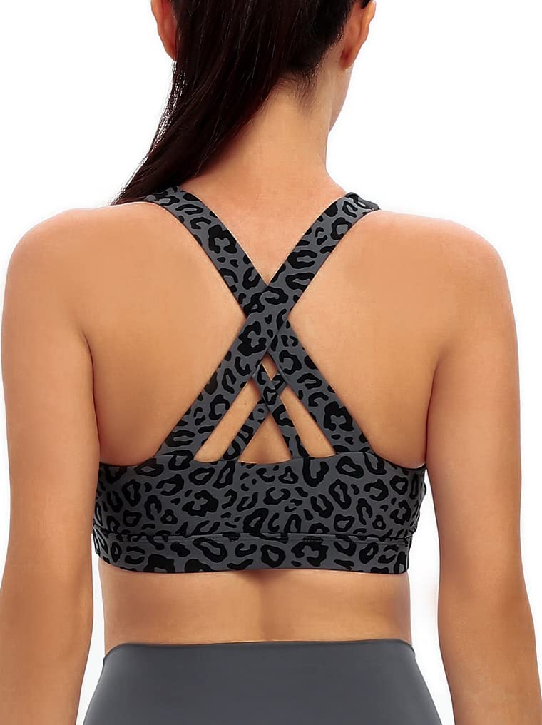 RUNNING GIRL Sports Bra for Women, Criss-Cross Back Padded Strappy Sports Bras Medium Support Yoga Bra with Removable Cups (WX2353D-Leopard Print, XS)