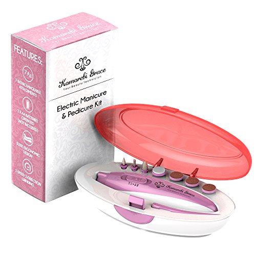 Electric Nail File Manicure & Pedicure Set: 2-Speed Battery Operated Nail File Kit w Portable Nail Drill Grinder, Buffer, Shaper, Polisher and Cuticle Pusher for Natural Finger Nails & Toe Nails Care