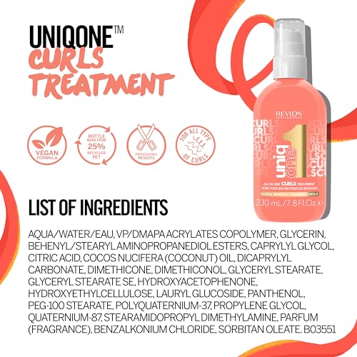 Revlon Professional UniqOne Curls Treatment, 10-in-1 Leave-In for Curly Hair, 96H Frizz Control, Deep Nourishment & Repair, Curl Definition, Heat Protection, Vegan, 7.8 fl oz