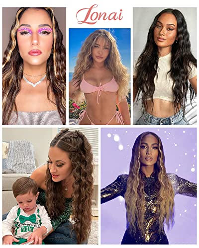 LONAI Clip In Hair Extensions, 6PCS 24" Black Hair Extensions Long Mermaid Waves Wavy Synthetic Clip On Hairpiece For Women(Black)