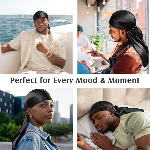YFONG 100% 22 Momme Mulberry Silk Durags for Men Women, Extra Long Strap Silky Durag, Breathable and Soft Do Rag for 360 Waves, Perfect for Nourishing Your Hair and Fashionable Outfits, 1Pc, Black