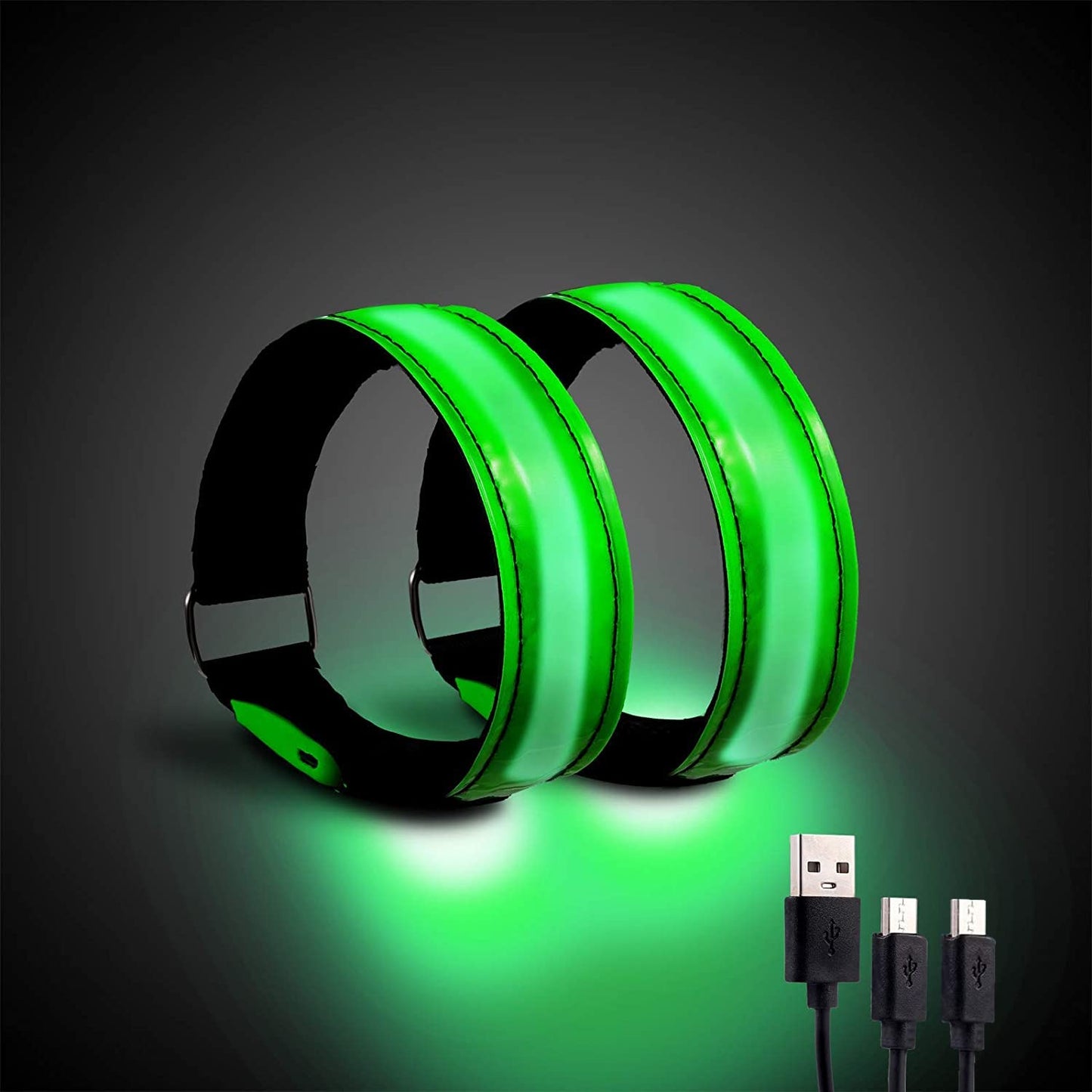 OMKHE Running Light for Runners (2 Pack) Rechargeable LED Armband Reflective Running Gear, LED Light Up Band for Joggers Bikers Walkers(Green)