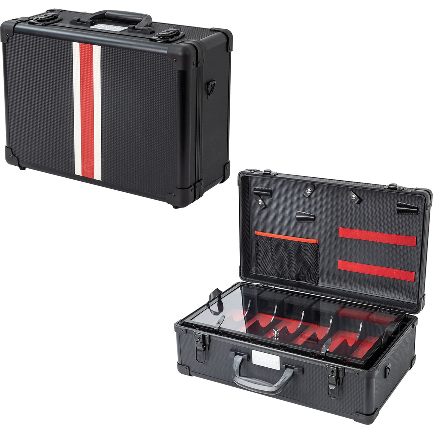 JC Barber Professional Barber Case, Stylist Tool Box Organizer &n Traveling Suitcase with Removable 6 Clippers Tray Holder, Storage for Shears, Combs, Brush, Hair Accessories and Hairdresser Supplies