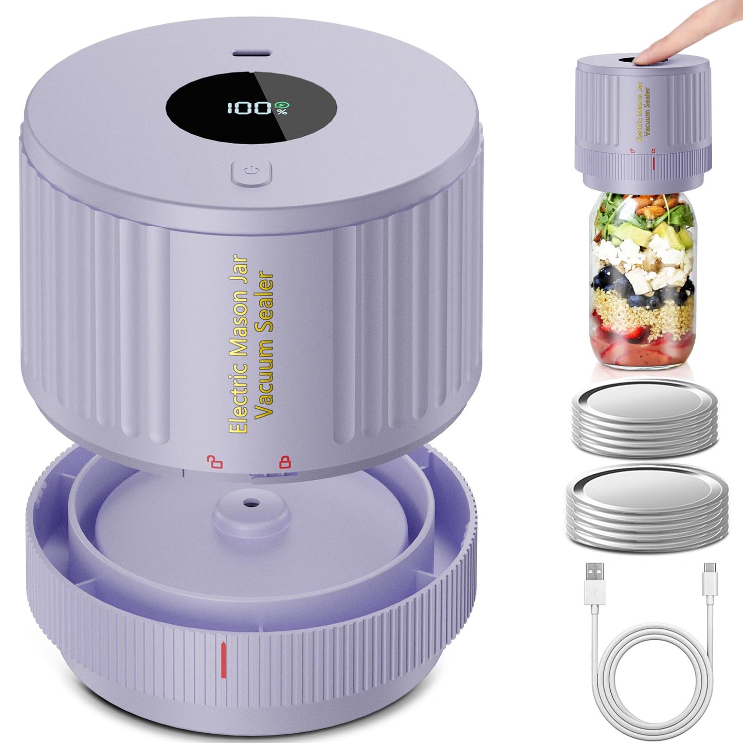 Electric Mason Jar Vacuum Sealer Kit for Wide Mouth and Regular Mouth Mason Jar - Purple