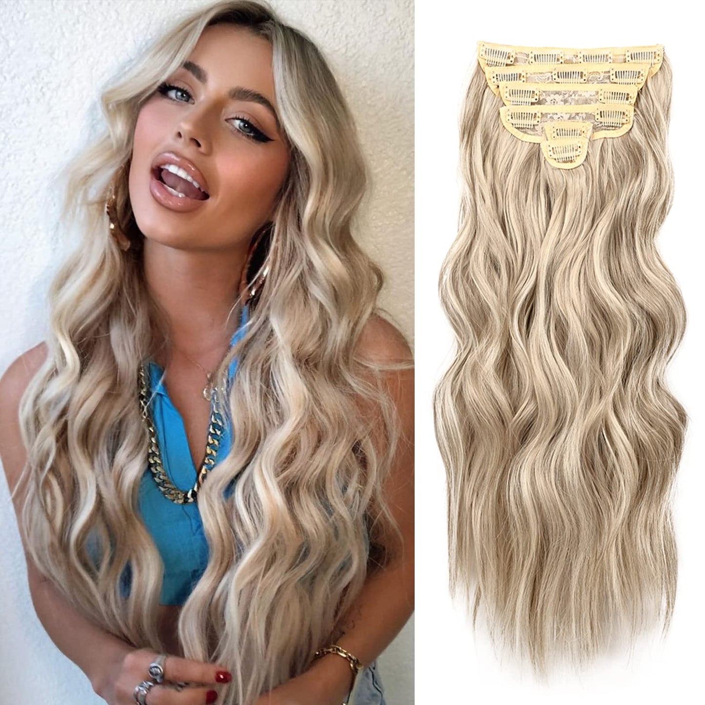 NAYOO Clip in Hair Extensions for Women 20 Inch Long Wavy Curly Blonde Hair Extension Full Head Synthetic Hair Extension Hairpieces (6PCS, Ash Brown Mix Platinum Blonde)