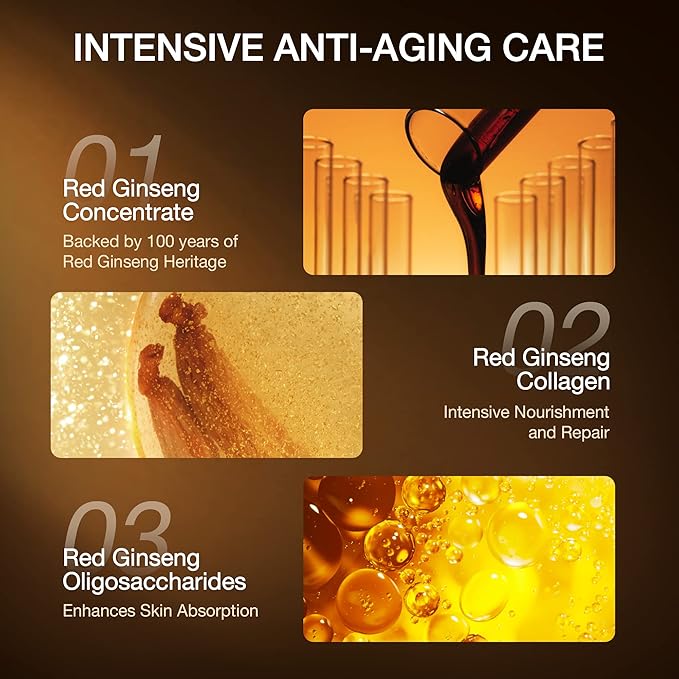 Donginbi Red Ginseng Power Repair Concentrated Essence(1.69 floz) Set - Korean Red Ginseng Essence with Collagen, Hydrating Toner, Firming Face Oil, Korean Skin Care Gifts for Women, Travel Kit