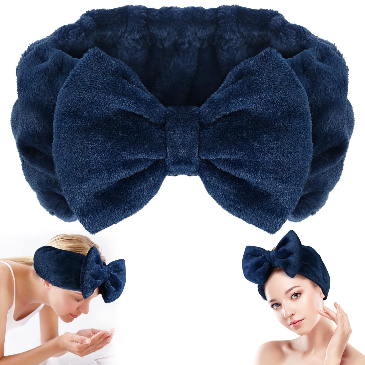 Shintop Face Wash Headband, Soft Spa Headband Carol Fleece Makeup Headwear with Cute Bow Elastic Hairband for Skincare Facial Mask Showers(Navy blue)