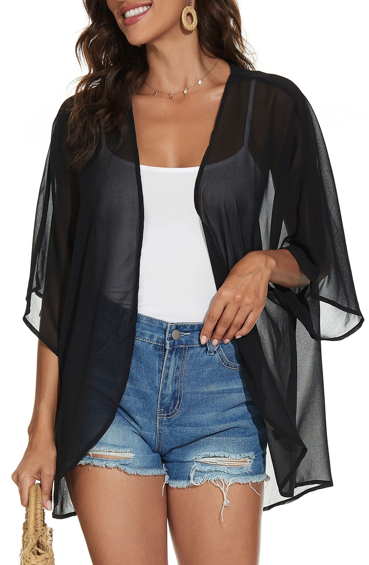 Women Summer Tops Kimono Cardigans Sheer Beach Cover Ups Chiffon Open Front Shirts (Black,S