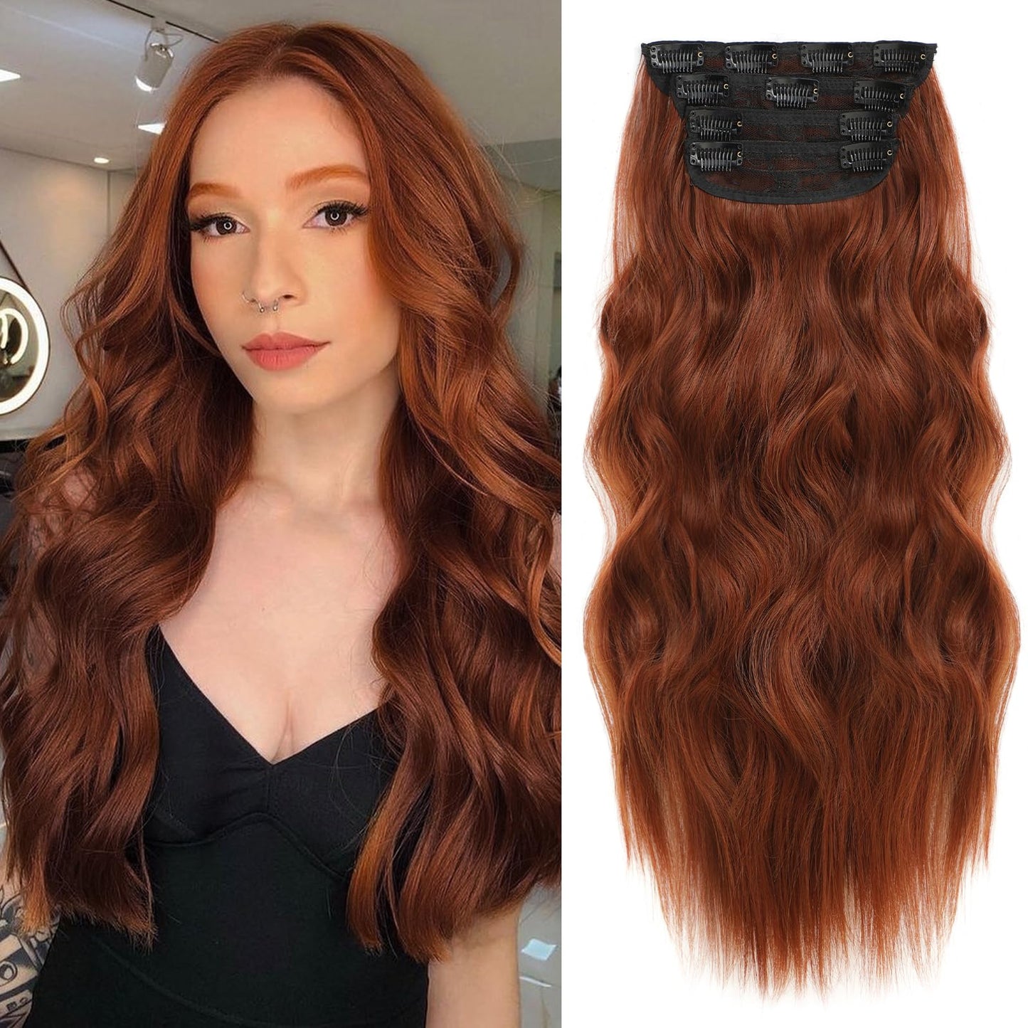 NAYOO Clip in Curly Hair Extensions 4PCS Long Wavy Synthetic Thick Hairpieces with Fiber Double Weft for Women Hair Full Head (24 Inch, Auburn)