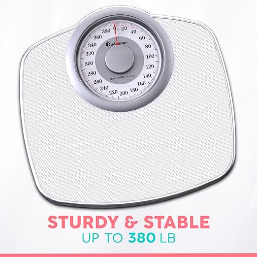 Adamson A25 Scales for Body Weight - Up to 400 LB - 5.3" Dial on 12.4" x 12" Platform - Anti-Skid Rubber Surface - High Precision Bathroom Scale Analog - Durable with 20-Year Assurance - Full White