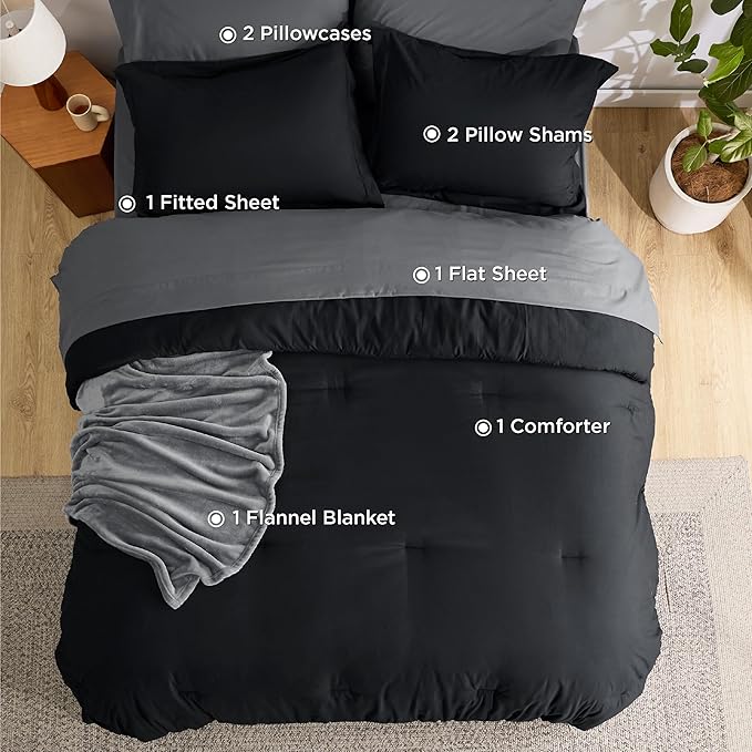 Bedsure Twin Comforter Set Black, 6 Pieces Prewashed Twin Size Bed in a Bag with Soft Fleece Bed Blanket, Down Alternative Bedding Set for All Seasons, Sheets, Pillowcase & Sham