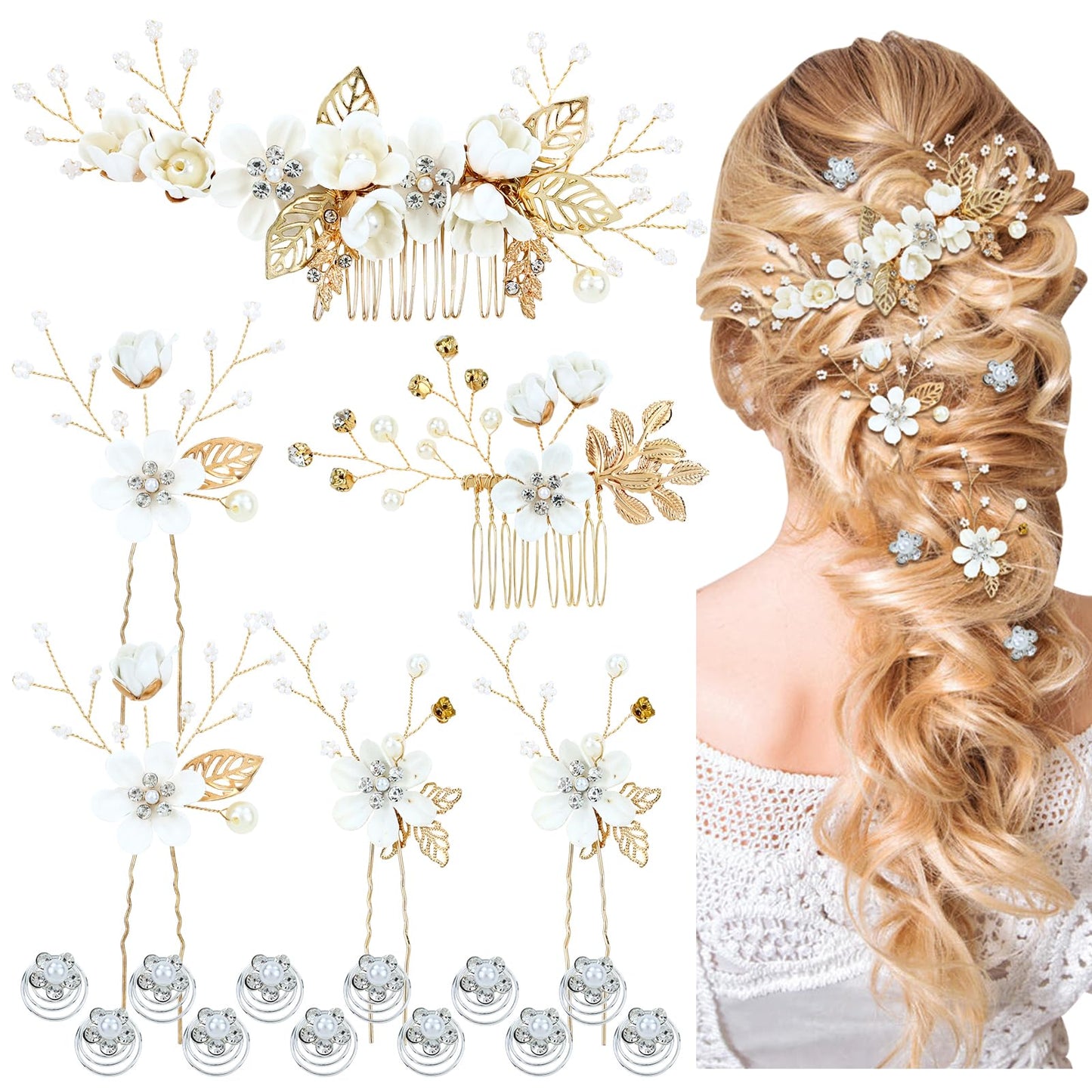 Cinaci 18 Pieces Bridal Wedding Party Prom Pearl Rhinestone White Flower Hair Side Combs Slides+U-shaped Flower Hair Pins+Twist Spiral Hairpins Floral Headpieces for Brides Bridesmaids Women Girls
