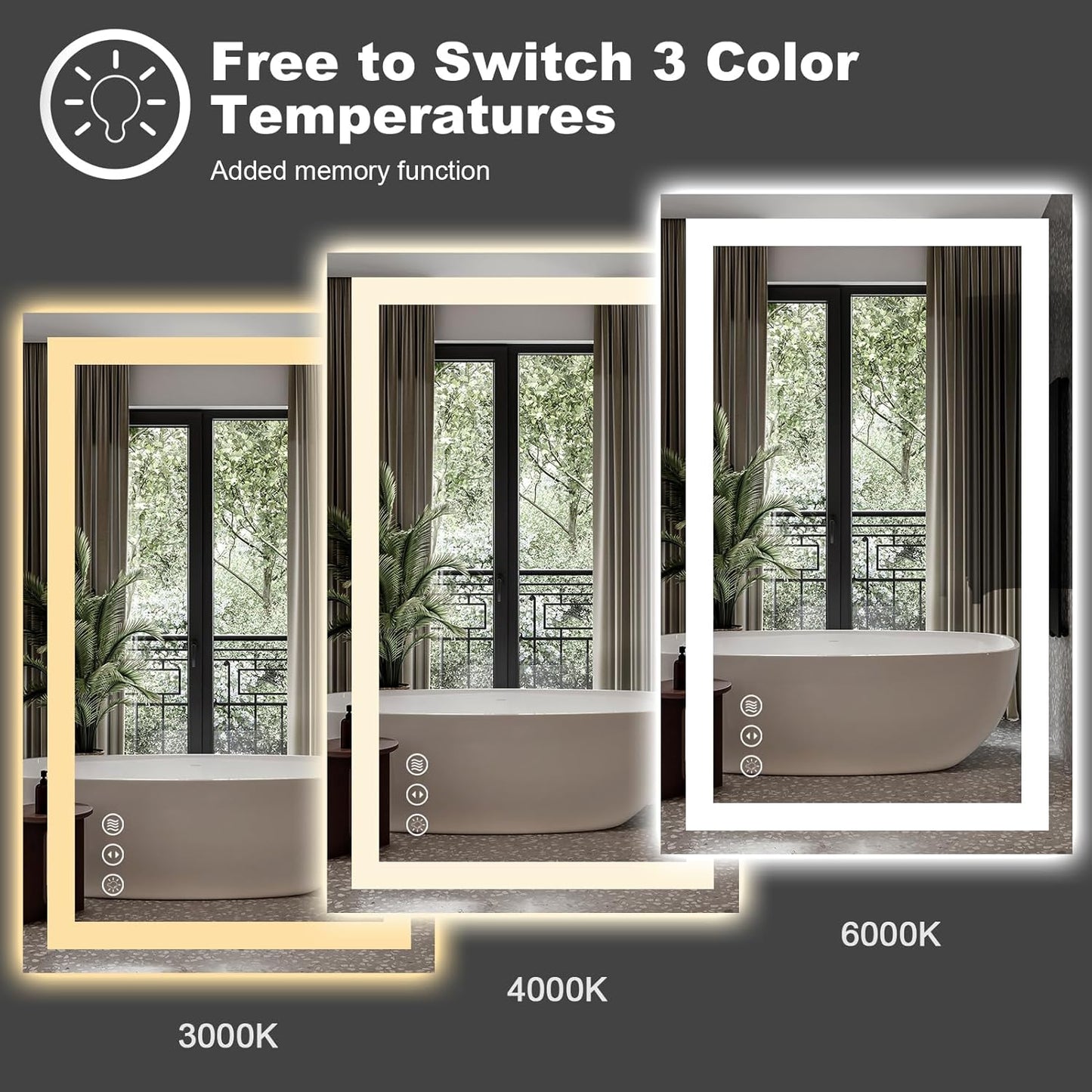 Amorho LED Bathroom Mirror 24"x 36" with Front and Backlight, Stepless Dimmable Wall Mirrors with Anti-Fog, Shatter-Proof, Memory, 3 Colors, Double LED Vanity Mirror(Horizontal/Vertical)