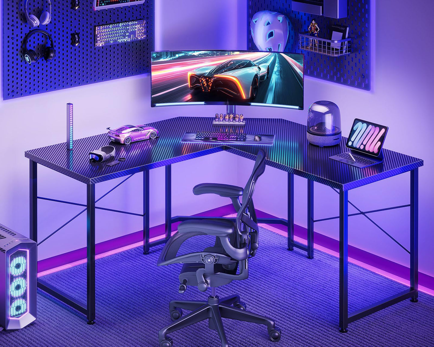 Casaottima L Shaped Gaming Desk, Corner Desk Gaming Table for Home Office, Computer Desk Sturdy Writing Workstation for Small Space, Easy to Assemble, 51 inch, Carbon Fiber Surface, Dark Black