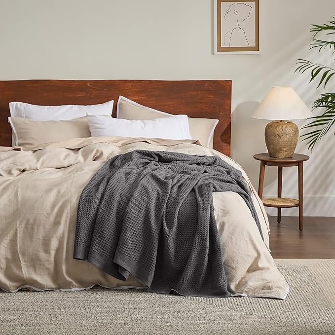 Bedsure 100% Cotton Blanket Queen Size for Bed - Breathable and Soft, Waffle Weave Blanket for Summer Spring, Dark Grey, 90x90 Inches