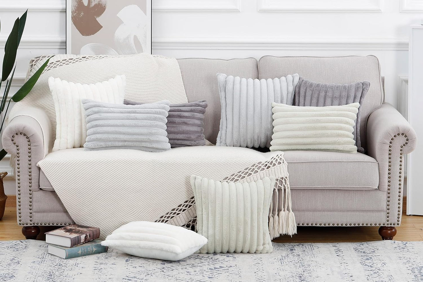 MADIZZ Set of 2 Faux Wool Plush Decorative Throw Pillow Covers 12x20 Inch Cream Fluffy Striped Soft Decorative Cushion Cover for Sofa Bedroom Pillow Shell