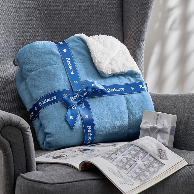 Bedsure Sherpa Fleece Washed Blue Throw Blanket for Couch - Thick and Warm, Soft Fuzzy Plush Throw Blanket for Winter, 50x60 Inches