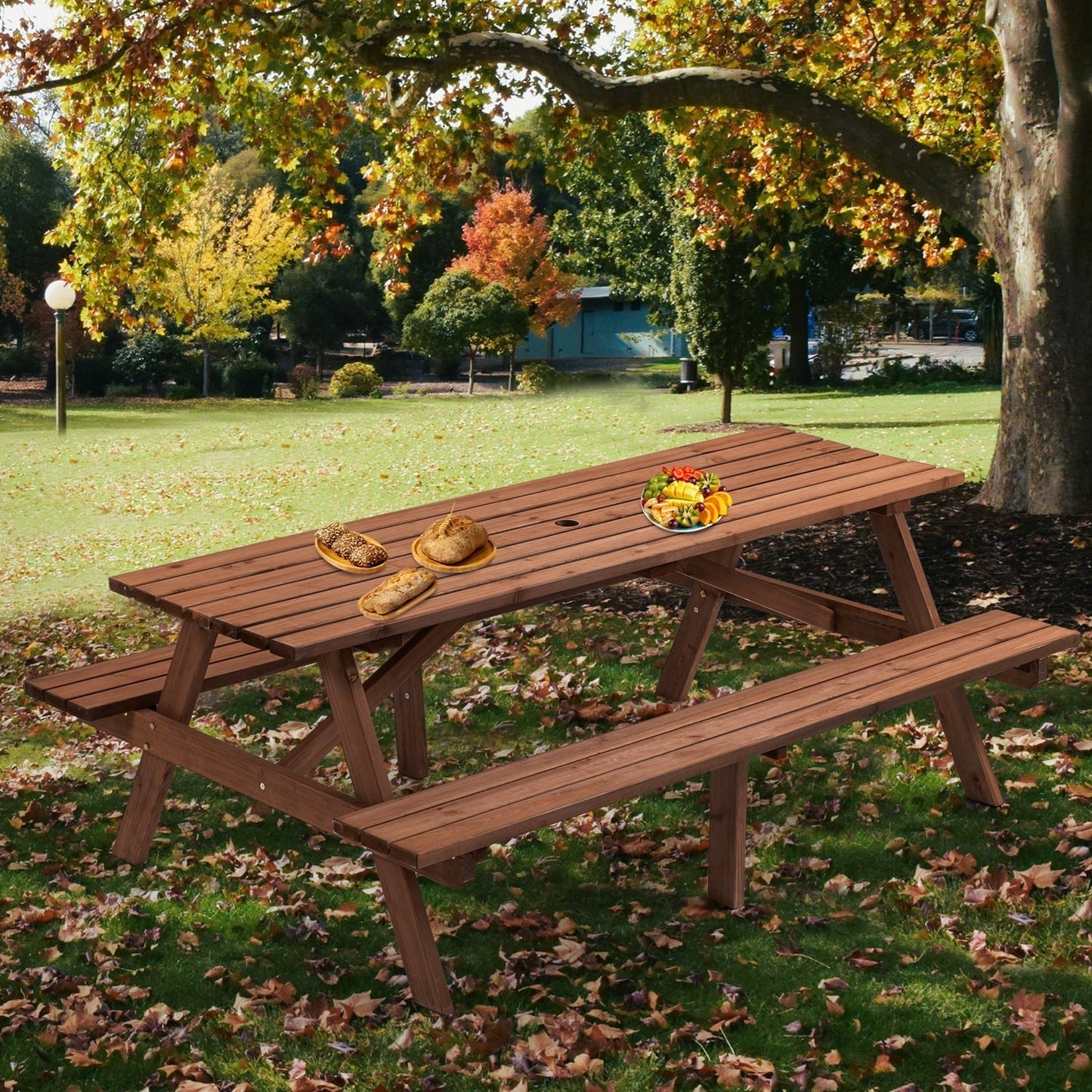 75-Inch Wooden Picnic Table, 8-Person Outdoor Dining Table with 2 Built-In Benches, 2,220 lbs Capacity, Durable Brown Wood for Garden, Patio, Camping, and DIY Projects(Brown)