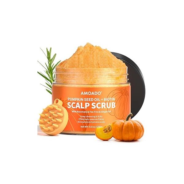 Scalp Scrub, Pumpkin Seed Oil Exfoliator With Biotin & Rosemary, Sulfate Free Detox for Itchy Dandruff Buildup Removal Hair Growth, Scrub with Scrubber