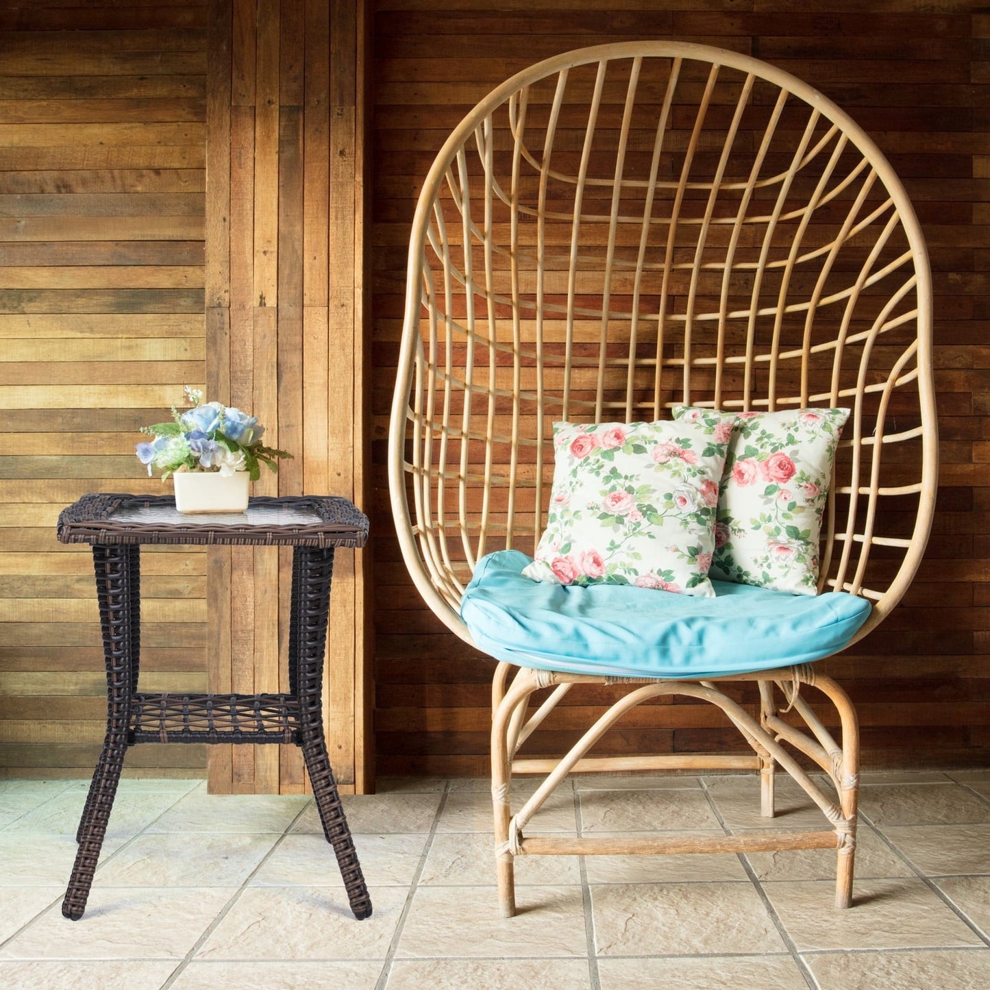 Buytoshop Outdoor Wicker Side Table, Rattan End Table with Glass Top, Patio Coffee Bistro Table for Garden Porch Balcony, Brown
