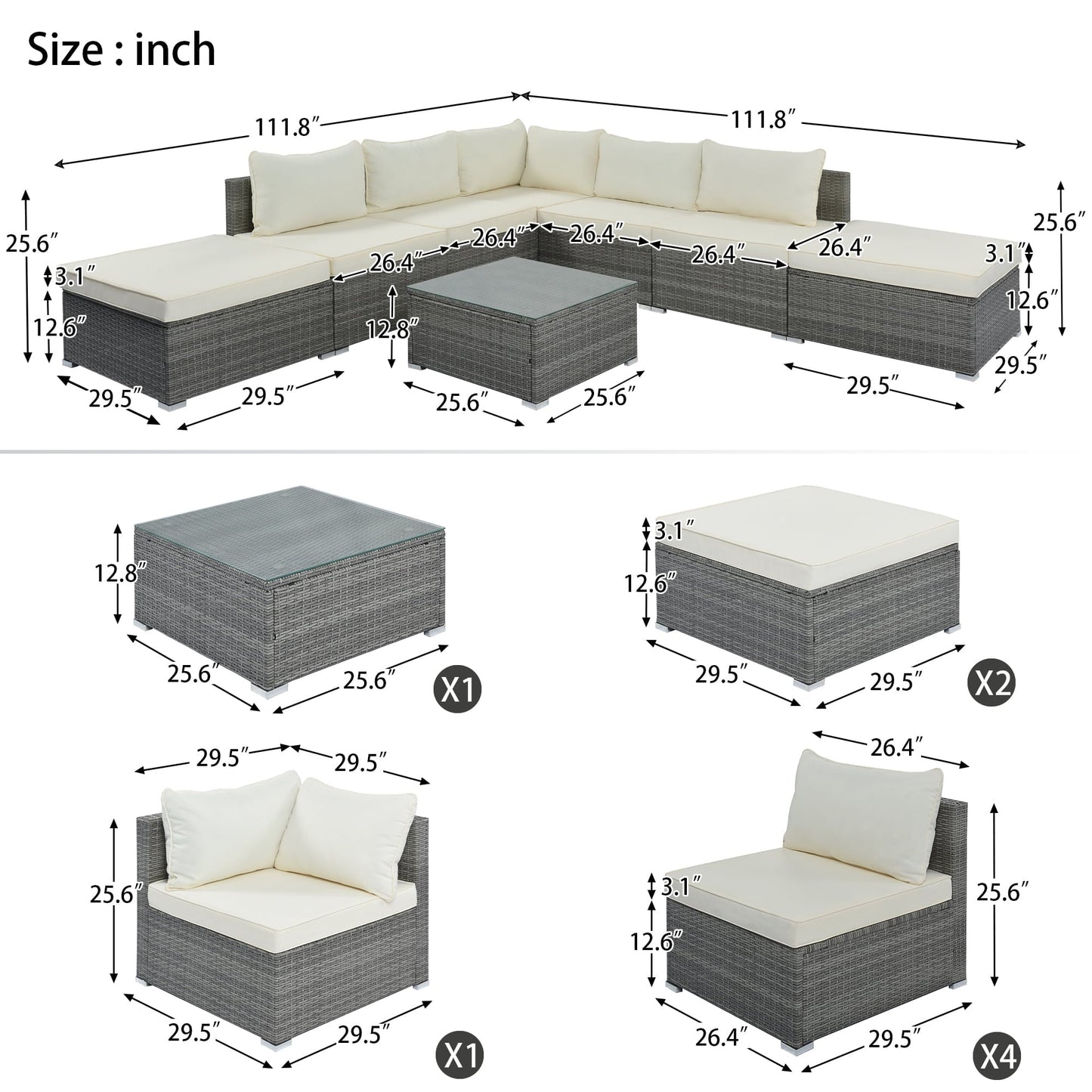StyleSack 8-Piece Patio Sectional Furniture Set, L-Shaped Couch PE Rattan Bench Outdoor Sofa with Table, Cushion for Backyard, Porch, Pool