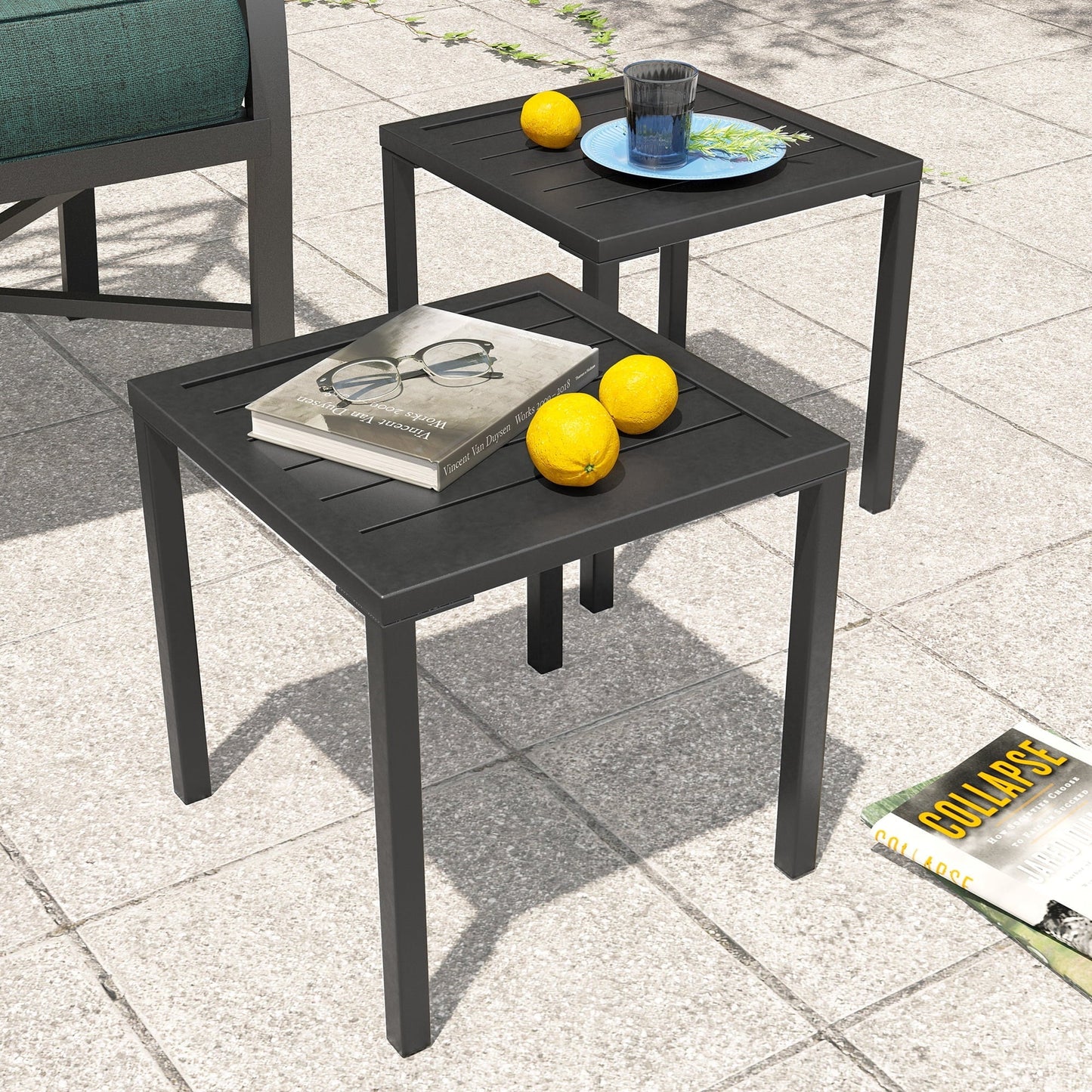 Pellebant Outdoor Square Aluminum Side Table, Black (Set of 2)