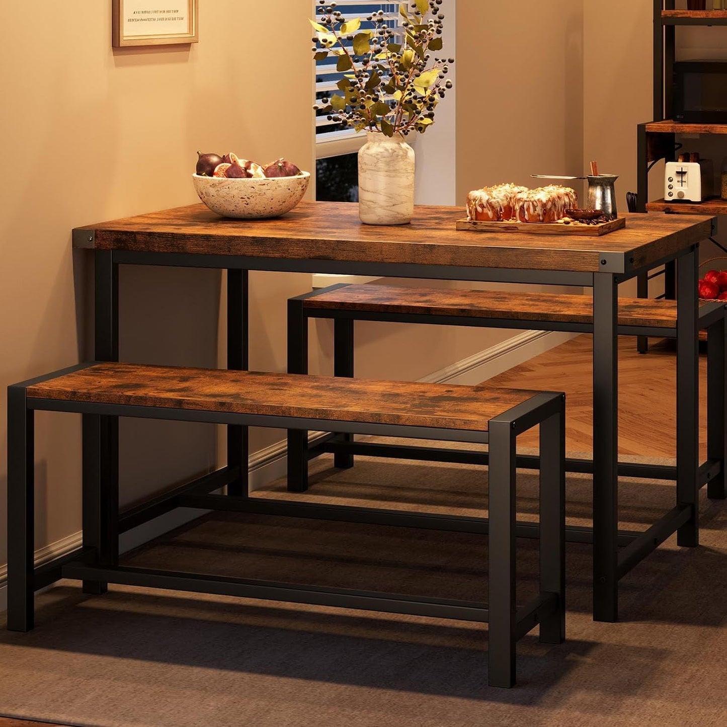 3 Piece Dining Table Set for 4 with Space-Saving Benches, Tabletop, Steel Frame, Modern Farmhouse Kitchen Table for Small Spaces ‎Rustic Brown
