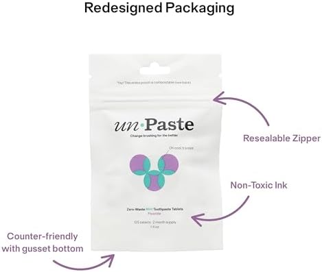 New Formula, Unpaste Toothpaste Tablets, Fluoride Mint, Xylitol Free, Vegan, Plastic Free, Travel-Friendly, Resealable Packet, 125ct, 2 Month Supply