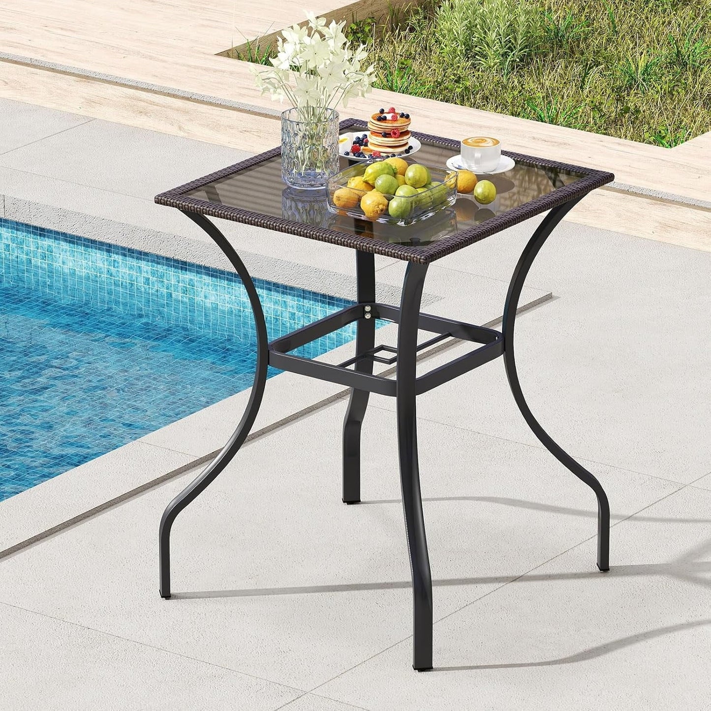 ZOPan 37” Height Bistro Table with Umbrella Hole, Tempered Glass Top & Wicker Covered Edge, Counter Height Square Outdoor Bar Table for Garden, Patio, Poolside & Deck