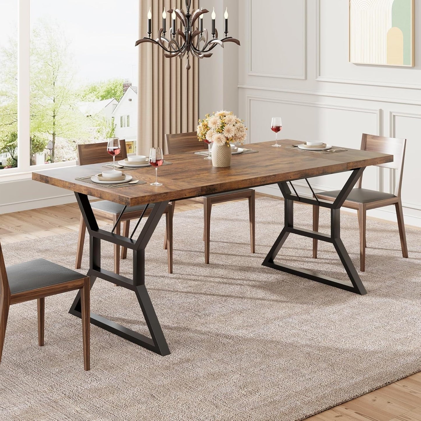Garvee Farmhouse Dining Table for 6, Rectangular Wood Dining Table, Rustic Kitchen Table with Extra Heavy Duty Metal Legs for Dining Room, Outdoor Table for Party, 70.9 * 29.5 * 29.3 Inch (Retro)