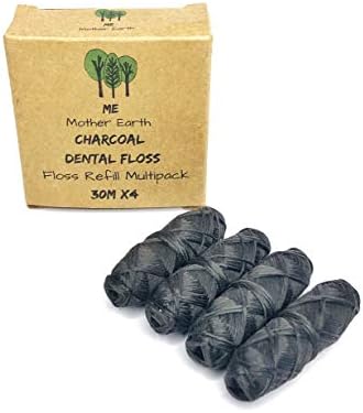 Vegan Biodegradable Bamboo Charcoal Dental Floss Refill Refill | Natural Candelilla Wax | 30M x4 | Peppermint Essential Oil | Eco Friendly Zero Waste Oral Care | 4 Pack