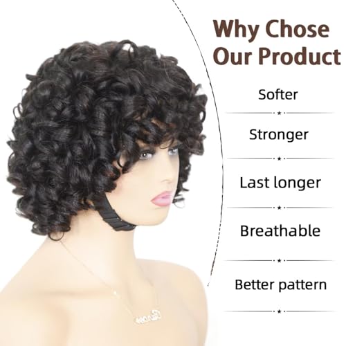 Fringe Bouncy Human Hair Wigs For Black Women Afro Rose Curly Funmi Glueless Wigs with Bangs Short Bouncy Curly Bob Wig With Bang 8Inch 180% Density Natural Black