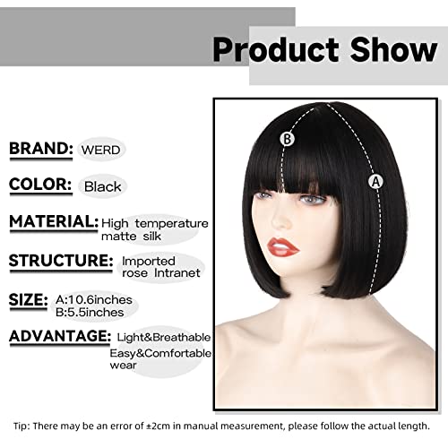 WERD Black Short Bob Wig,Straight Black Bob Wig with bangs, 10 inch Straight Bob Bangs Wig for Women Natural Looking for Daily Use
