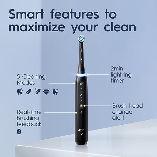 Oral-B iO Series 5 Rechargeable Electric Toothbrush with Visible Pressure Sensor to Protect Gums, 2 Minute Timer, 5 Cleaning Settings, 1 Replacement Toothbrush Heads, and Travel Case, White