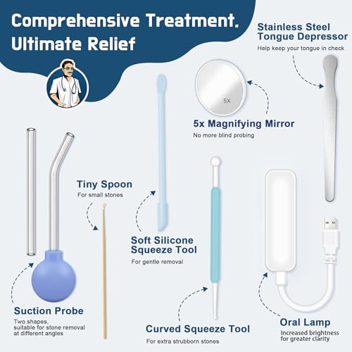 Tonsil Stone Vacuum, 9 Pcs Tonsil Stone Remover, Tonsil Stone Removal kit Vacuum Suction, Tonsil Stone Cupping Tool, Tonsil Stone Removal Tool with Oral Light, 5X Magnifying Mirror, Tongue Depressor