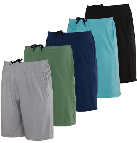 Real Essentials Mens Dry Fit Shorts Dri Active Wear Short Men Athletic Performance Basketball 9 Inch Inseam Sweat Tennis Soccer Running Essentials Gym Casual Workout Sports, Set 17, S, Pack of 5