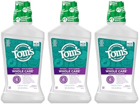 Tom's Of Maine Whole Care Natural Fluoride Mouthwash, Fresh Mint, 16 Oz (Pack of 3) (Packaging May Vary)
