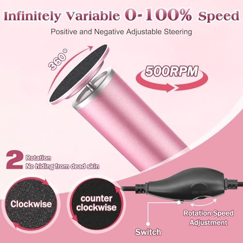 Electric Foot Callus Remover, Electric Foot File for Feet with Adjustable Speed Controller and 60pcs Replacement Sandpaper Disk for Dead Skin and Calluses, for Women&Men, Gradient Pink