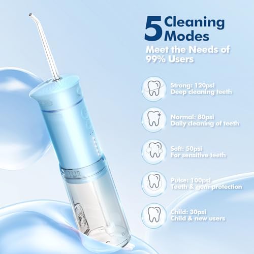 Water Flosser Mini Cordless Portable: 5 Modes Water Dental Floss with Telescopic Water Tank, 6 Tips, IPX7 Waterproof Oral Irrigator for Teeth Cleaning Gums,Orthodontic,Braces Dental Care (Sky Blue)