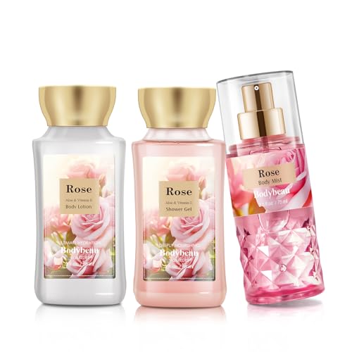 Portable Bath and Body Care Travel Set for Women & Girls, Rose 3PCS Set - Shower Gel, Body Lotion, Body Mist, Personal Body Care Gift Set for Birthday Mother's Valentine's Day Gifts for Her