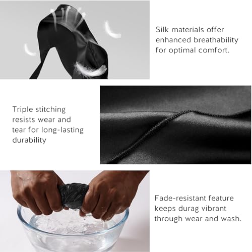 YFONG 2 Pack 100% 22 Momme Mulberry Silk Durags for Men Women, Extra Long Strap Silky Durag, Breathable and Soft Du Rag for 360 Waves, Pure Silk Durag for Hair Care and Stylish Outfits, Black+White